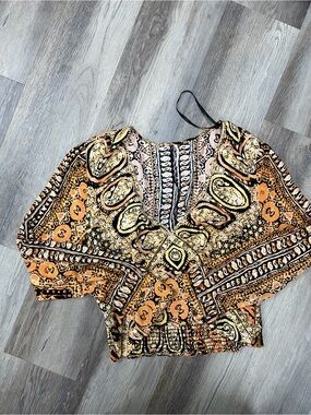 Free People Orange Black Paisley-Print Cropped V-Neck Top